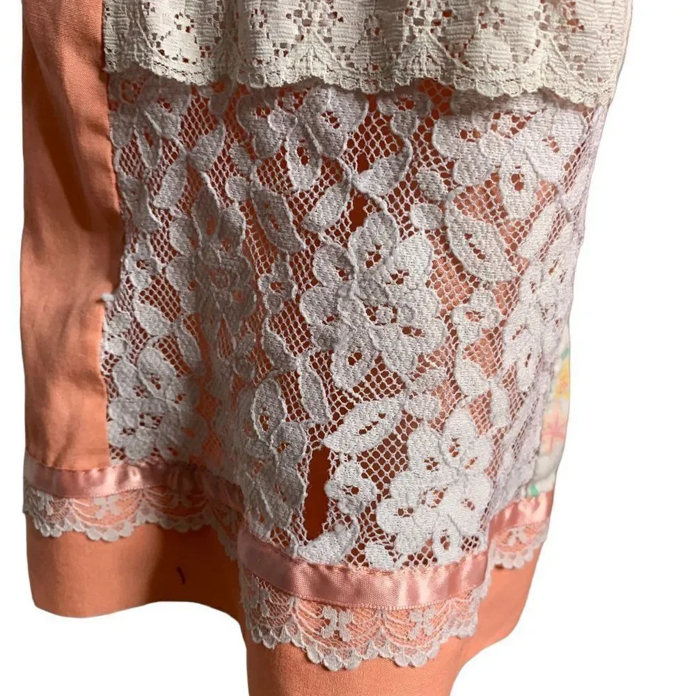 Vintage 70s Patchwork Circle Patio Skirt S Pink Floral Lace Cottage Prairie